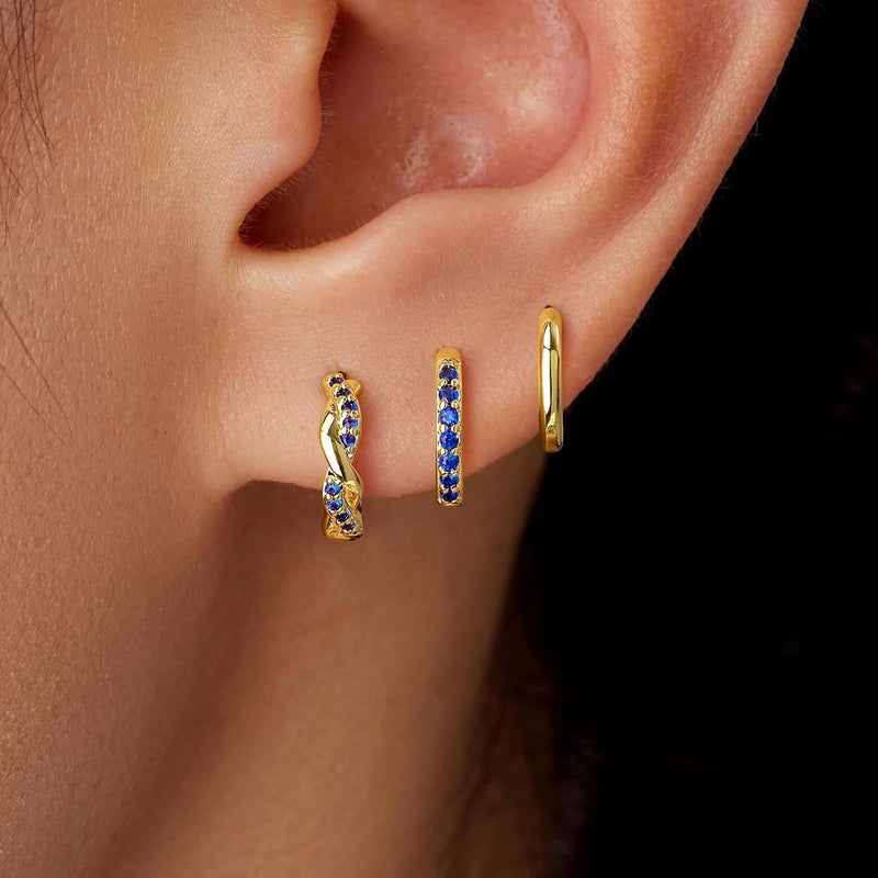 Inerney 14K Gold Plated Huggie Hoop Earrings for Women, Small Sterling Silver Earring Set Hypoallergenic Cartilage Helix Stacks, Mini Dainty Cute Trendy Birthstone Jewelry Gift for Multiple Piercings - Image 2